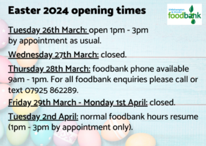 A background image of pale blue boards with colourful eggs in the bottom left corner and the Littlehampton & District Foodbank logo in the top right. The headline text says "Easter 2024 opening times" and the text below says: 
"Tuesday 26th March: open 1pm - 3pm by appointment as usual.
Wednesday 27th March: closed.
Thursday 28th March: foodbank phone available 9am - 1pm. For all foodbank enquiries please call or text 07925 862289. 
Friday 29th March - Monday 1st April: closed. 
Tuesday 2nd April: normal foodbank hours resume (1pm - 3pm by appointment only)". 